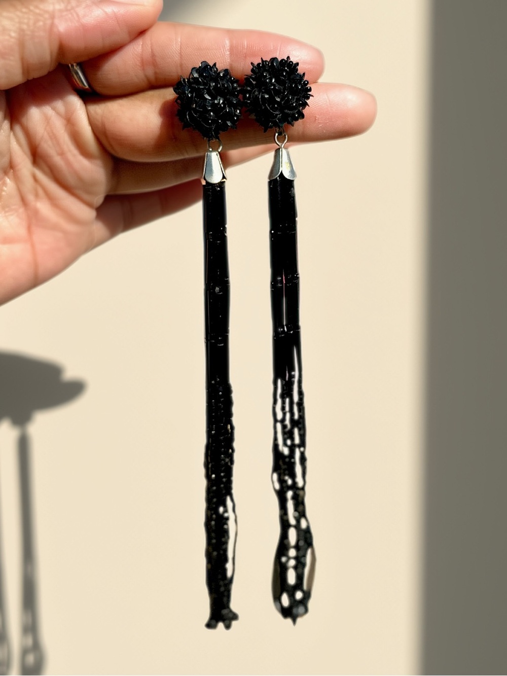 Vintage Black Beaded Fringe Tassel Statement Earrings